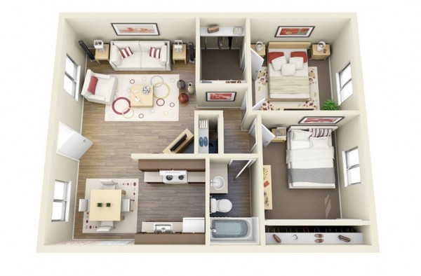 Bright and cheery, this two bedroom is all about incorporating lightness into a compact design. Although the rooms are small, they don't sacrifice on style. There's plenty of natural light in the living and dining areas, the kitchen is tiny but laid out well, and modern hardwoods give the apartment a luxe feel.