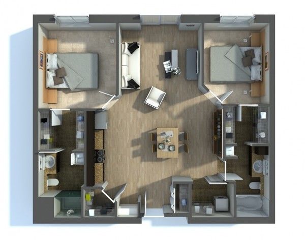 This two bedroom apartment is all about drama, as shown by its bold design features, luxurious textures, and open floor plan. Natural light spills across the hardwoods and casts shadows over a large living area linking together two bedrooms, two bathrooms, and walk-in closets.