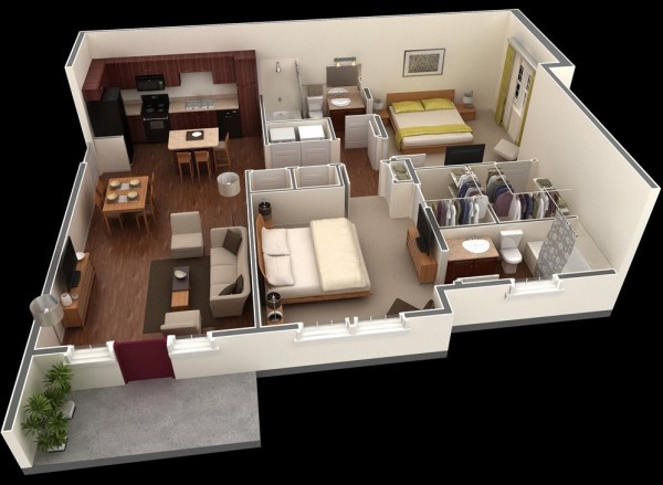 In yet another layout from the same complex, you'll find a two bedroom that's perfect for small families. Room for a dinner table plus a kitchen island ensures there's plenty of space for family dinners or entertaining. The bedrooms are spacious, especially the master bedroom which showcases a large closet and en-suite bathroom.