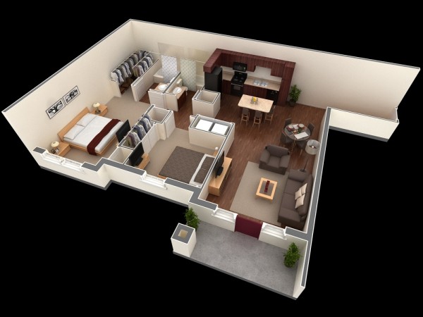 In a more compact version from the previous two in the same complex, this visualization is all about efficiency and making the most of a small space. Bedrooms and bathrooms are mirrored images of each other while the kitchen and living areas offer the right balance between utility and comfort. Rich hardwoods in the cabinets and floors remain throughout.