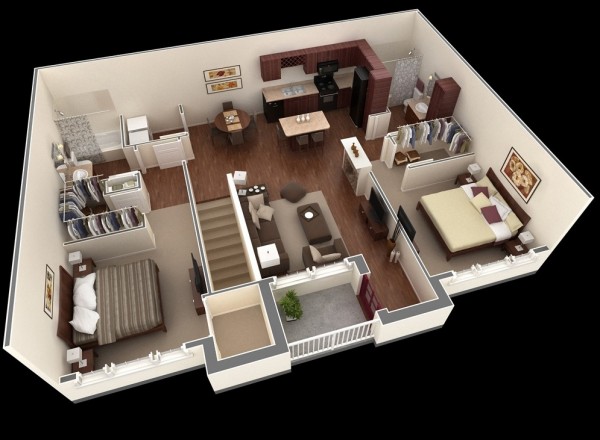 In this layout, you'll see a second floor approach to two bedroom living. Walk up the stairs to a shared common area with a small but smart kitchen, a cozy living room, and a small terrace. The bedrooms on the other hand are quite large in comparison to the other spaces and each showcases a walk-in closet and easy access to their own bathrooms.