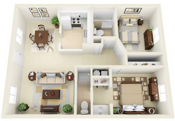 We love the modern look and feel of this apartment, which is laid out so that living and dining are shared yet the kitchen is just steps away from your table. Soothing colors throughout create a sense of calm.