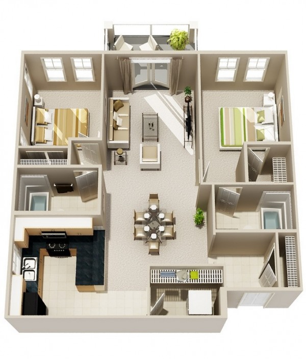 Bright pops of color, large rooms, and plenty of storage make this apartment feel fit for a couple or small family easily! We love the bold stripes in the bedding, the simple but luxe design details (hello, granite countertops!) and  the cheery patio just off of the living area.
